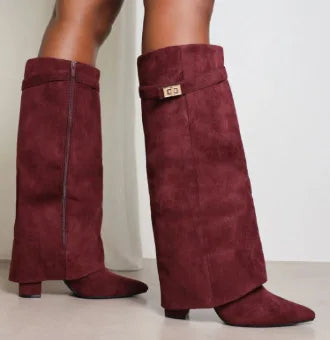 Women's Knee High Boots, Pointed Toe Fold-Over Shaft with Buckle