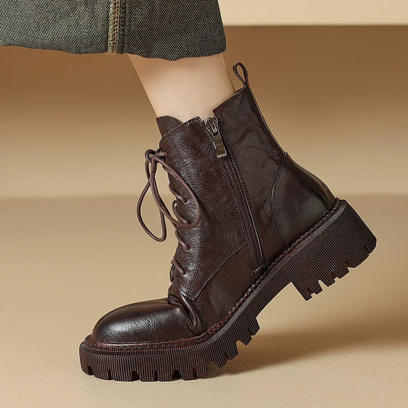 Women's Lace Up Ankle Boots, Chunky Lug Sole Retro