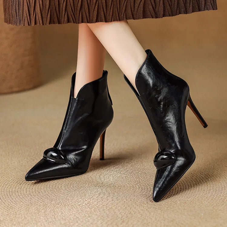 Women's Stiletto Heel Ankle Boots, Pointed Toe Gold Detail