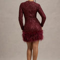 Women's Sequin Christmas Party Dress, Feather Hem Long Sleeve Mini 9