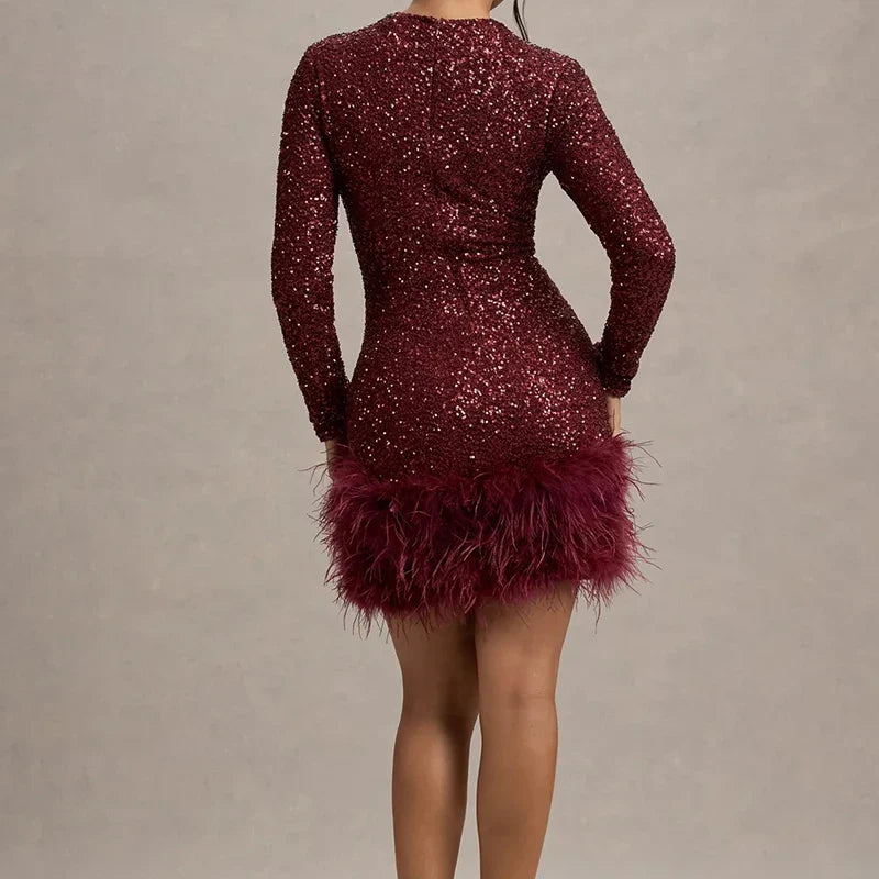 Women's Sequin Christmas Party Dress, Feather Hem Long Sleeve Mini