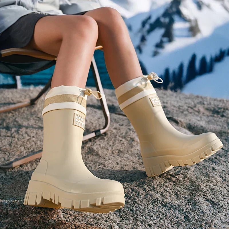Women's Retro Wellington Boots, Tall Waterproof with Stripe