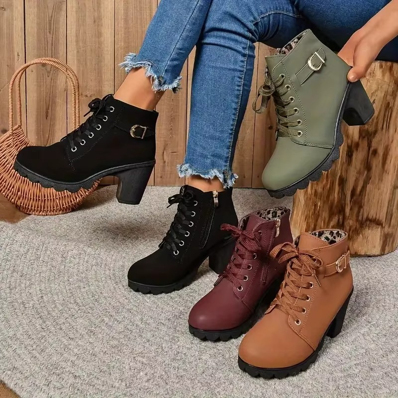 Women's Heeled Ankle Boots, Lace-Up Platform with Anti-Slip Sole