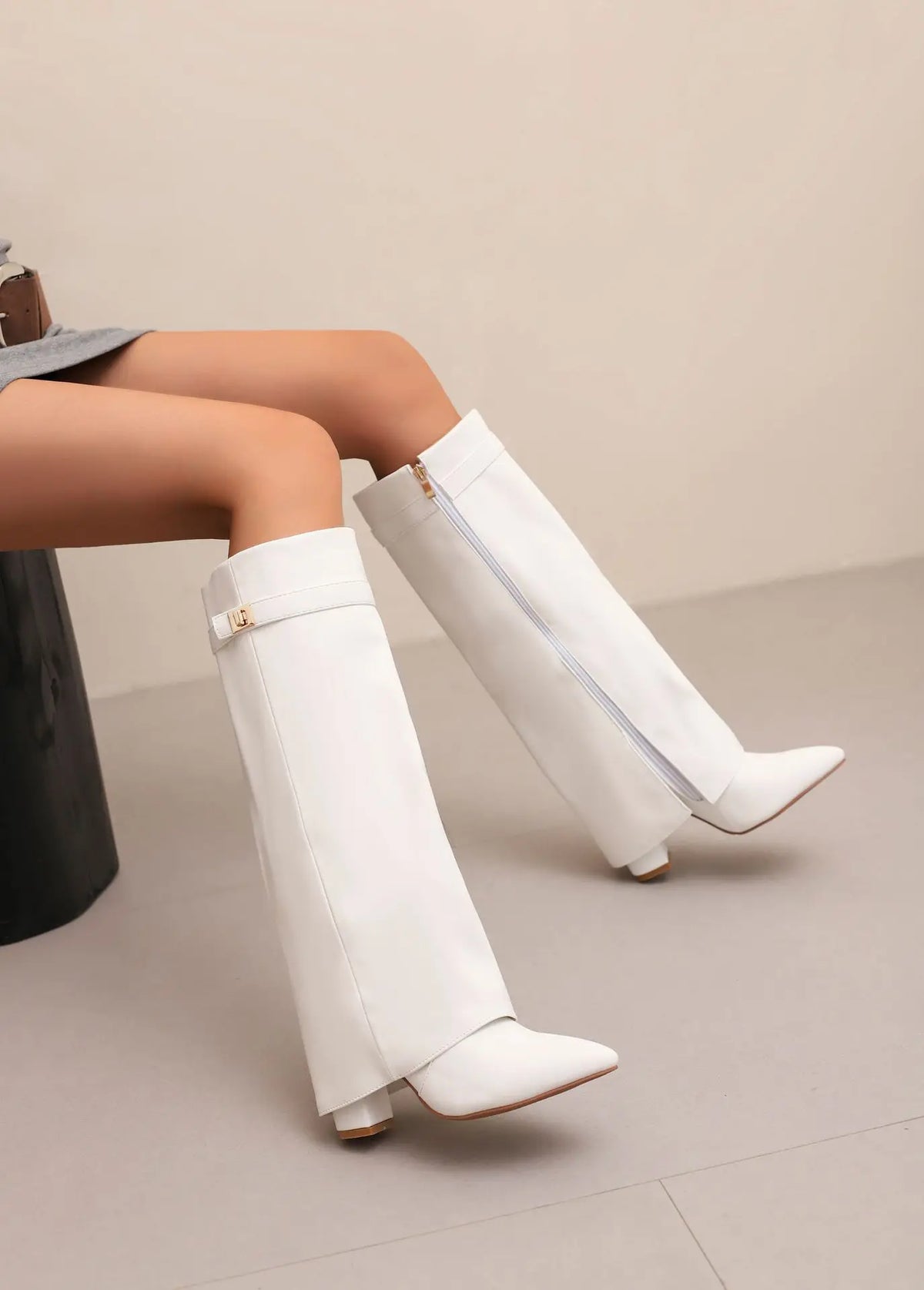 Women's Knee High Boots, Pointed Toe Fold-Over Shaft with Buckle