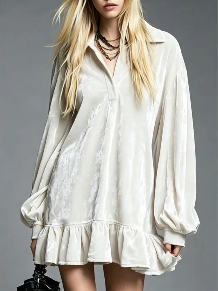 Women's Velvet Mini Dress, Ruffle Hem Lantern Sleeve
