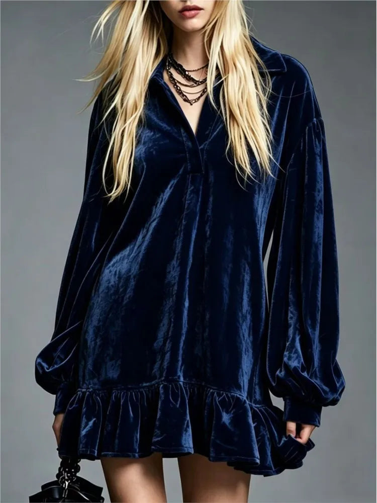 Women's Velvet Mini Dress, Ruffle Hem Lantern Sleeve