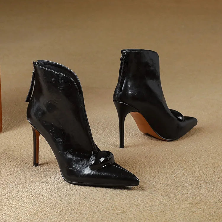 Women's Stiletto Heel Ankle Boots, Pointed Toe Gold Detail