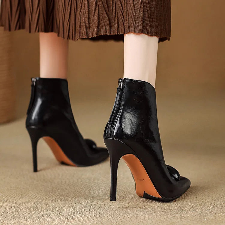 Women's Stiletto Heel Ankle Boots, Pointed Toe Gold Detail