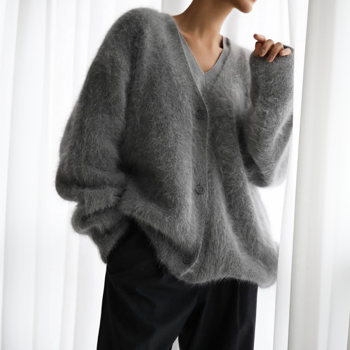 Women's Fluffy Cardigan, Oversized V-Neck Button Up