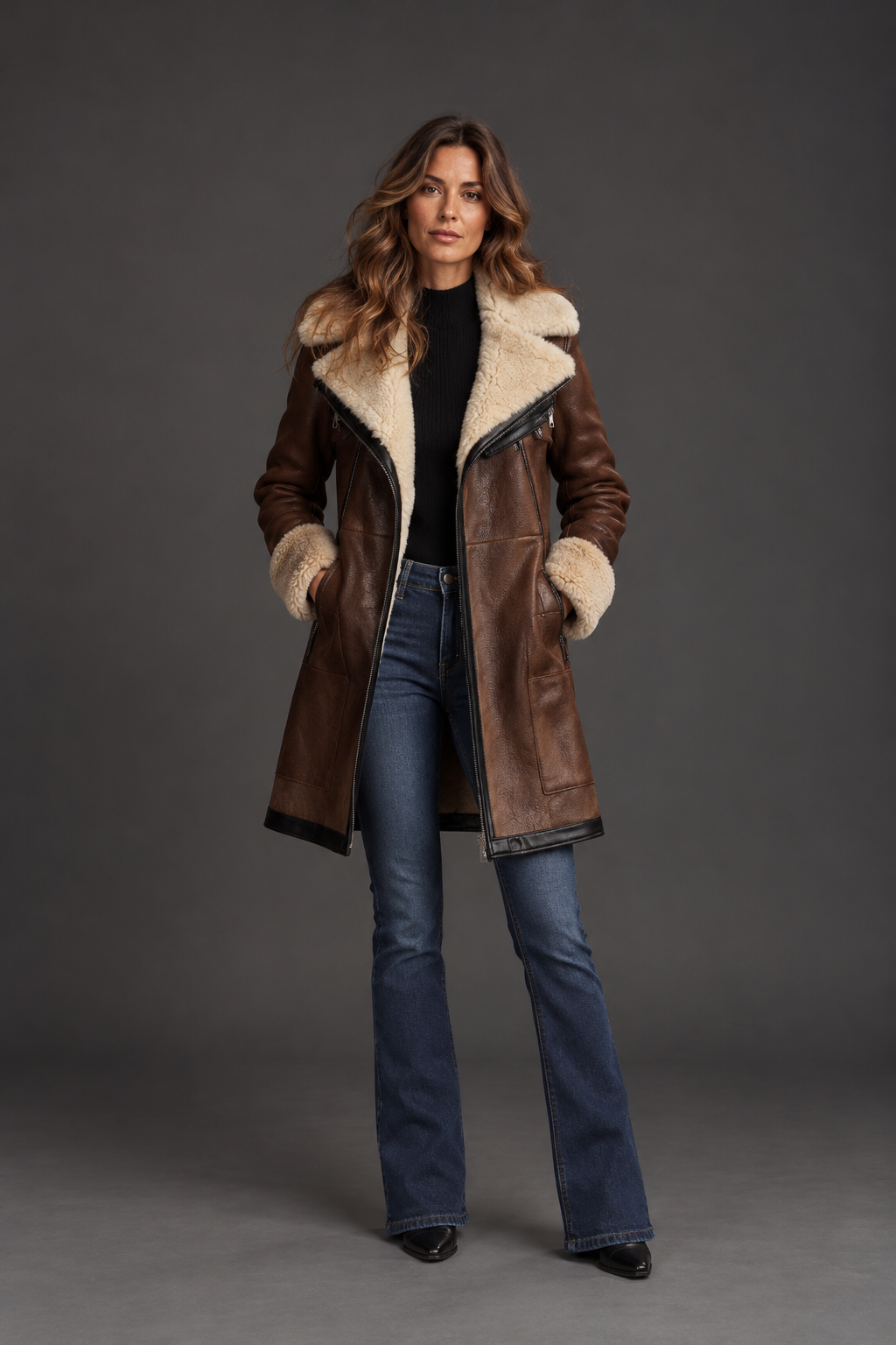 Women's Faux Leather Jacket, Aviator Style with Shearling Lining