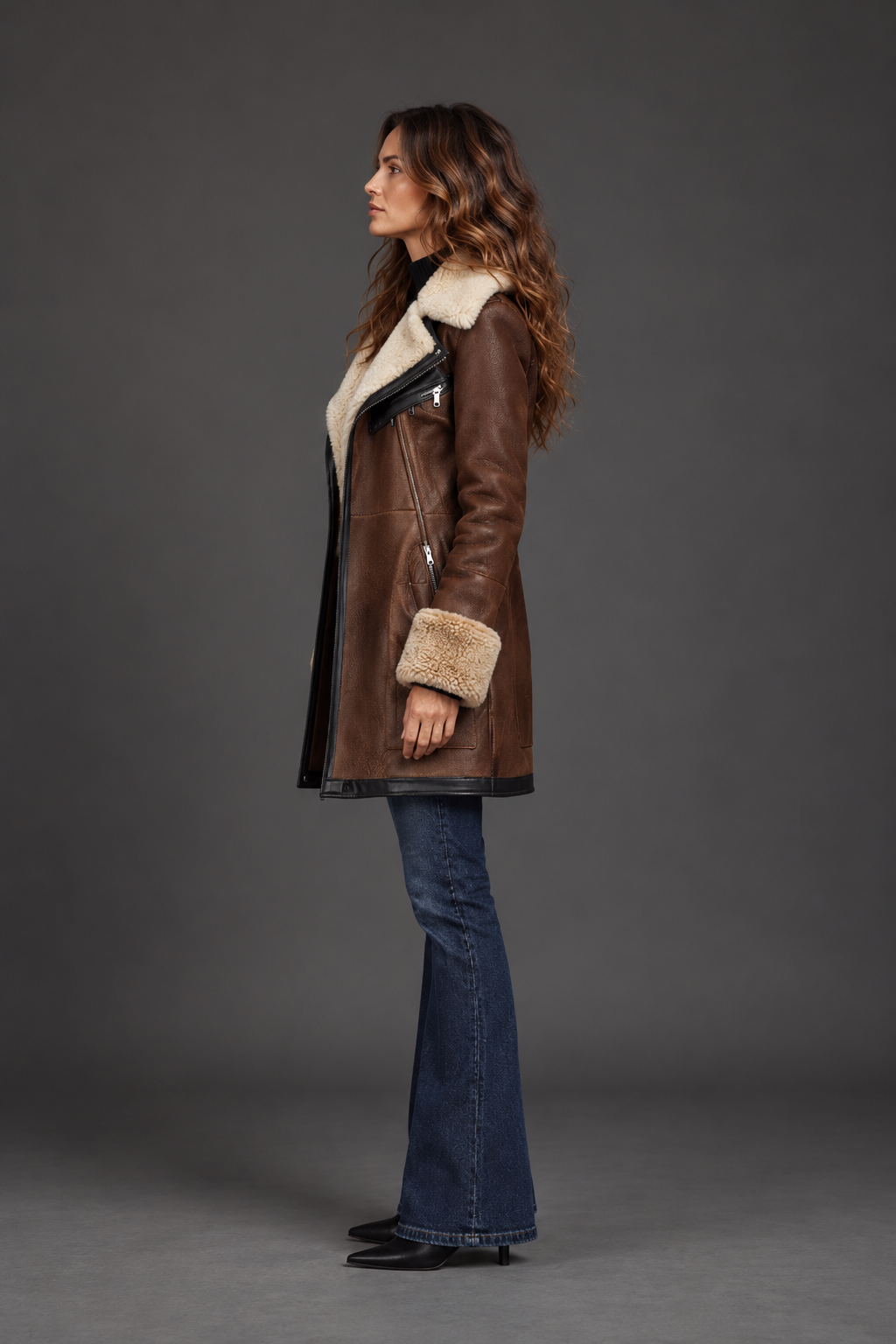 Women's Faux Leather Jacket, Aviator Style with Shearling Lining