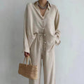 Women's Linen Shirt and Trousers Set Summer Casual 1