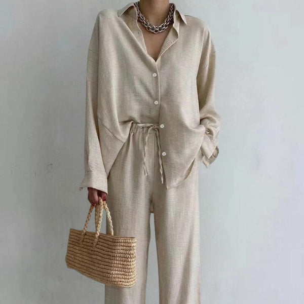 Women's Linen Shirt and Trousers Set Summer Casual
