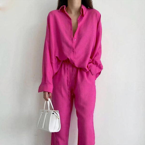 Women's Linen Shirt and Trousers Set Summer Casual