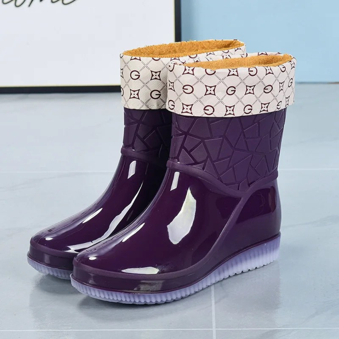 Women's Mid-Calf Wellington Boots, Geometric Pattern Glossy
