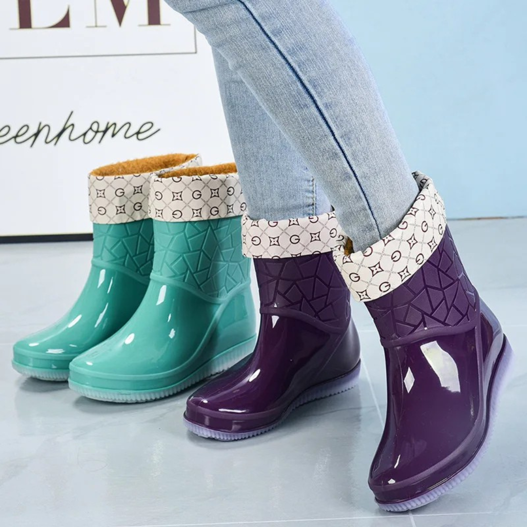 Women's Mid-Calf Wellington Boots, Geometric Pattern Glossy