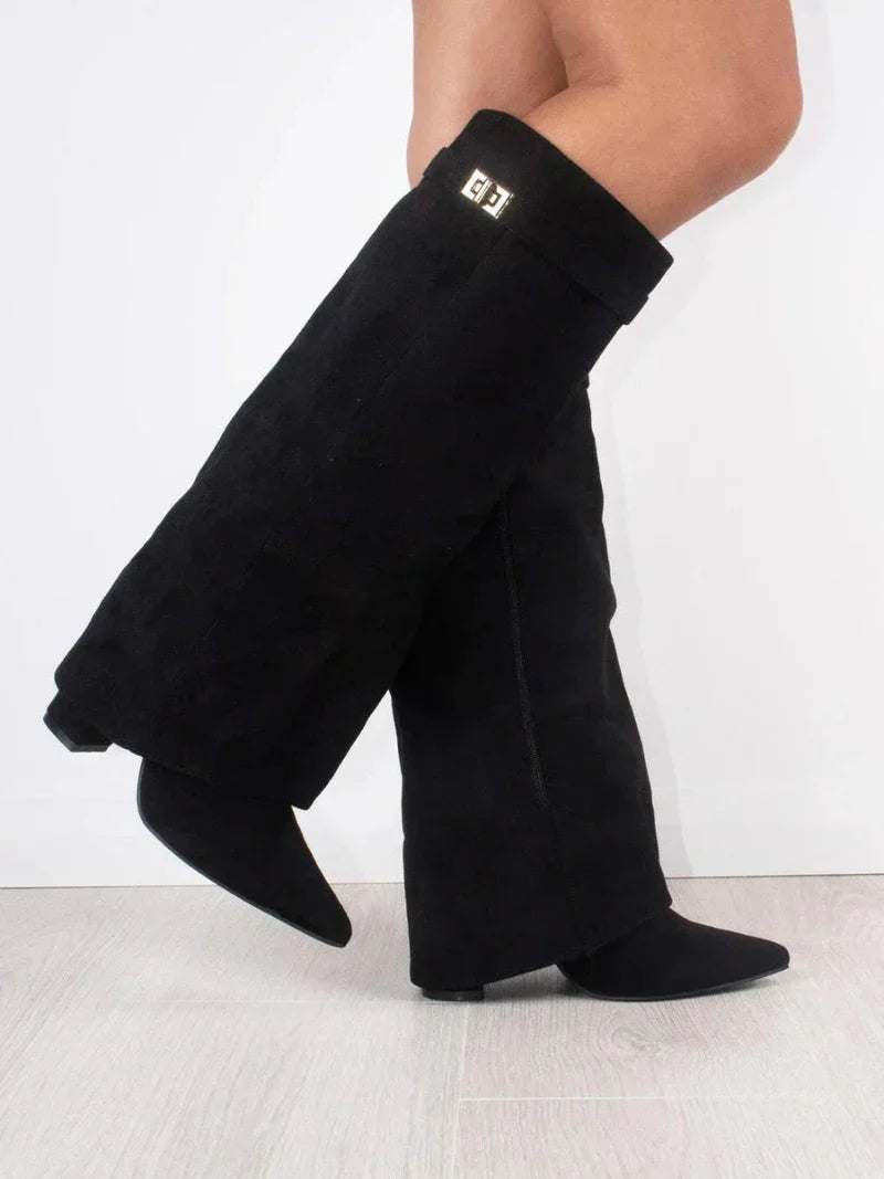 Women's Fold Over Knee High Boots, Pointed Toe Heel