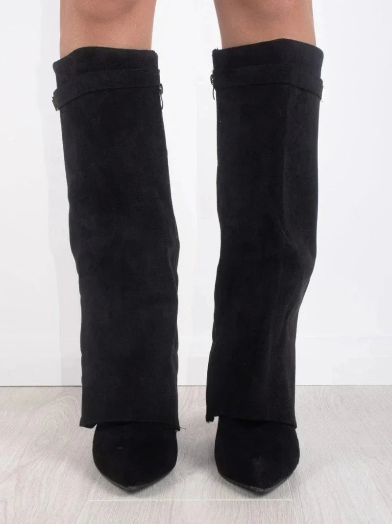 Women's Fold Over Knee High Boots, Pointed Toe Heel