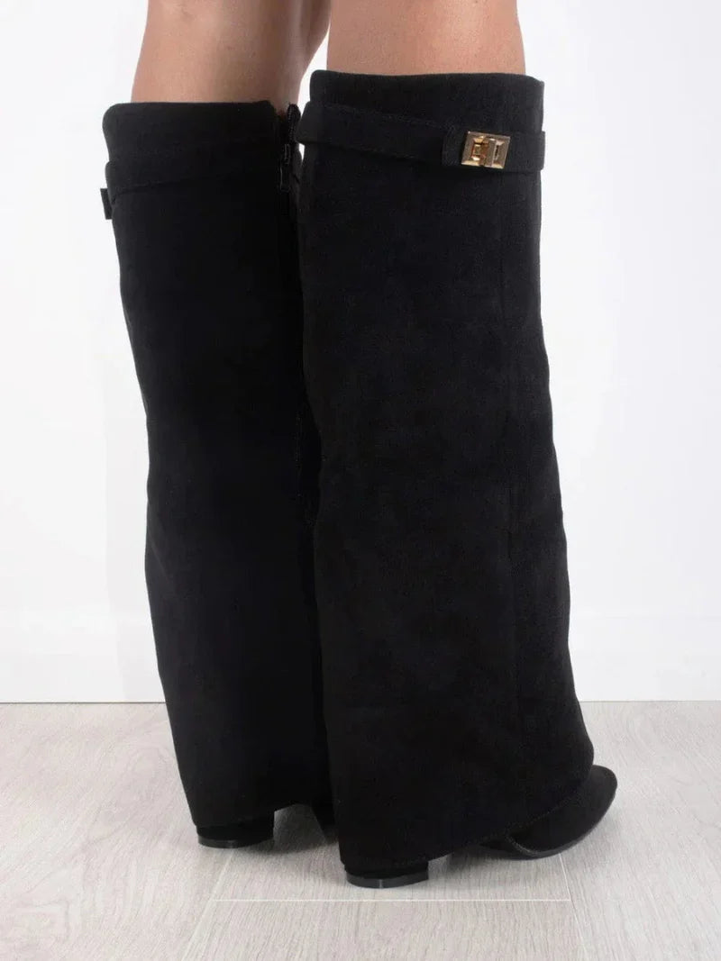Women's Fold Over Knee High Boots, Pointed Toe Heel