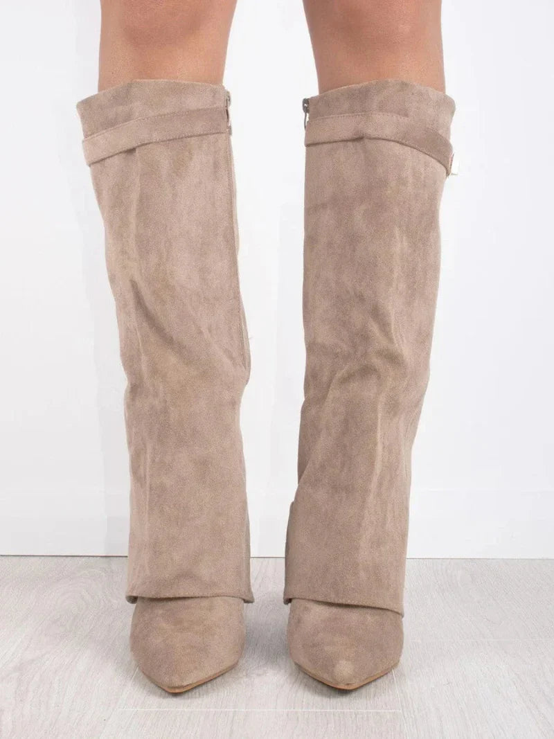 Women's Fold Over Knee High Boots, Pointed Toe Heel