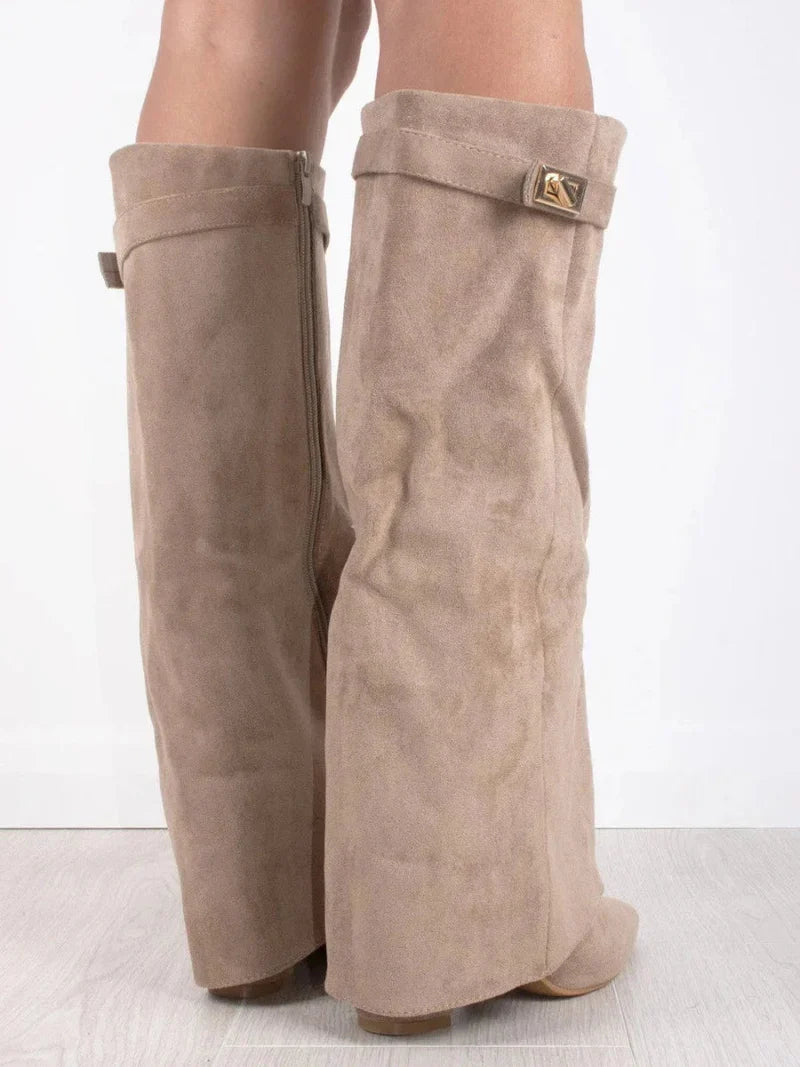 Women's Fold Over Knee High Boots, Pointed Toe Heel