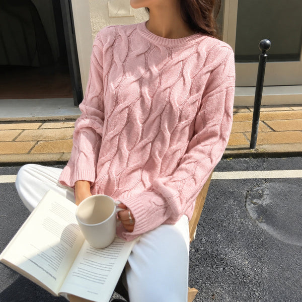 Women's Cable Knit Jumper, Chunky Crew Neck Relaxed Fit