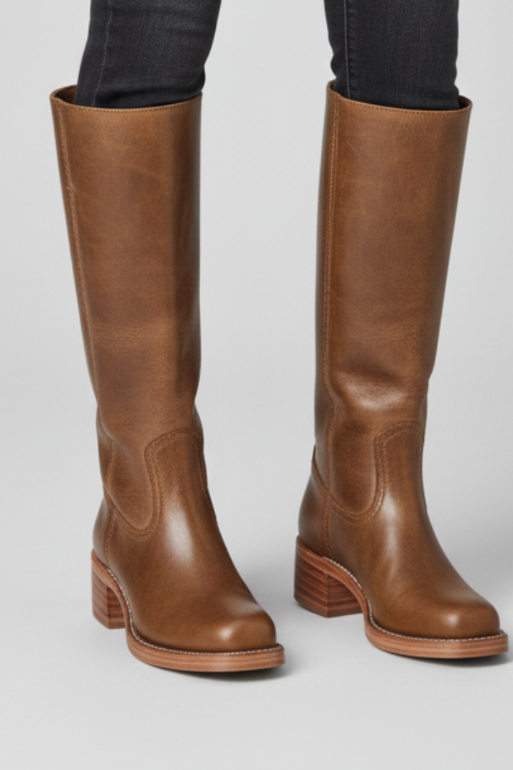 Women's Tan Knee High Boots, Round Toe Block Heel