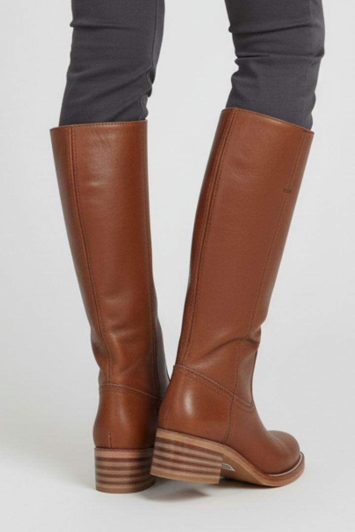 Women's Tan Knee High Boots, Round Toe Block Heel