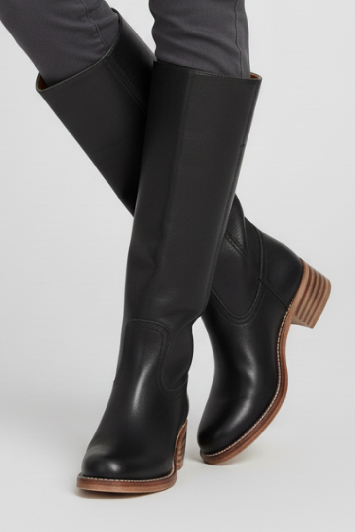 Women's Tan Knee High Boots, Round Toe Block Heel
