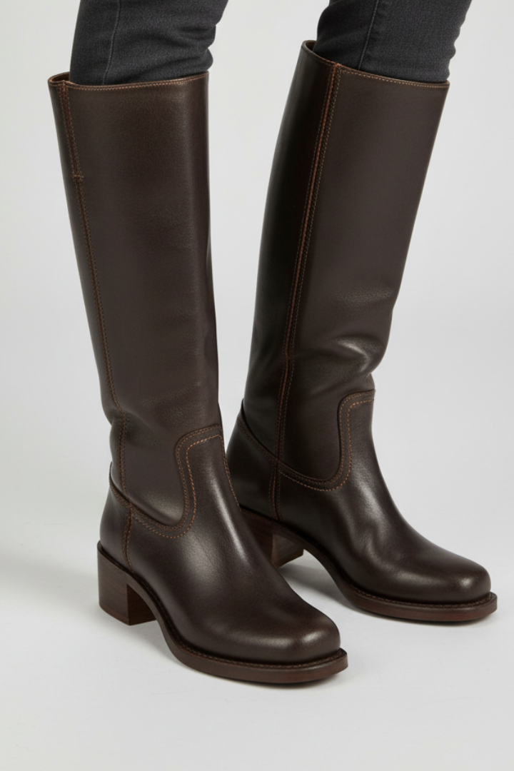 Women's Tan Knee High Boots, Round Toe Block Heel