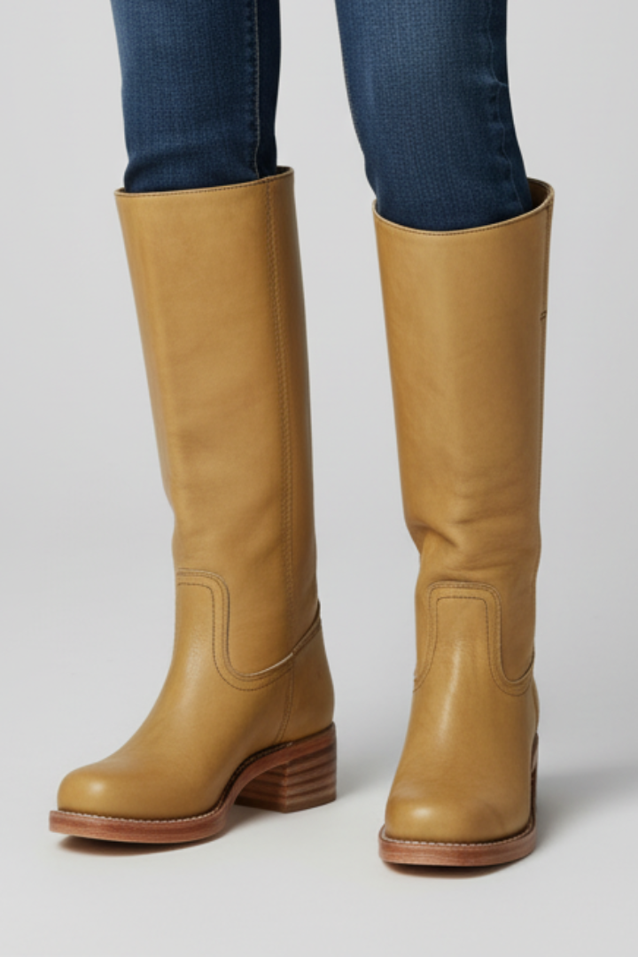 Women's Tan Knee High Boots, Round Toe Block Heel