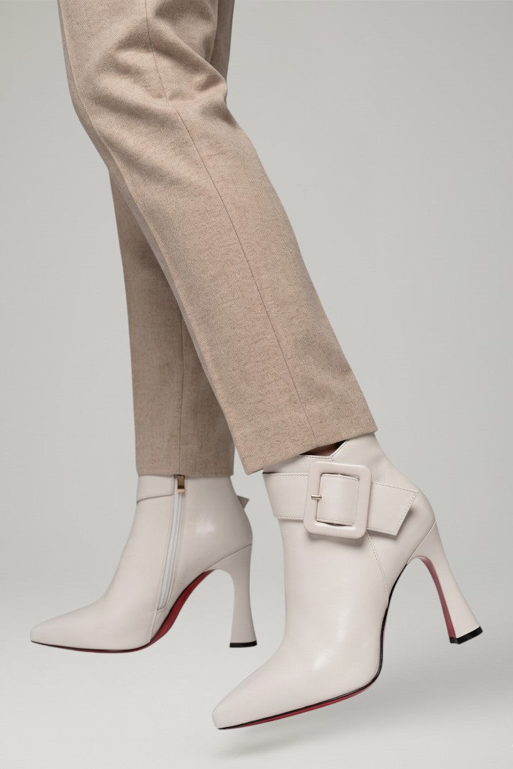 Women's Cream Ankle Boots, Pointed Toe with Buckle Strap