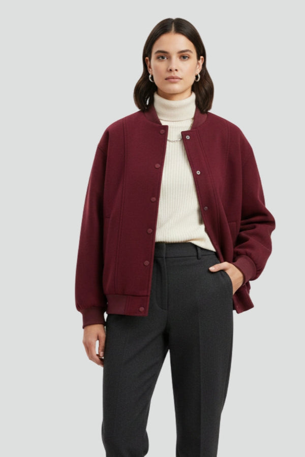 Nadia | Snap-Front Varsity Jacket with Ribbed Trim