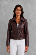 Brown Leather Look Biker Jacket for Women 1