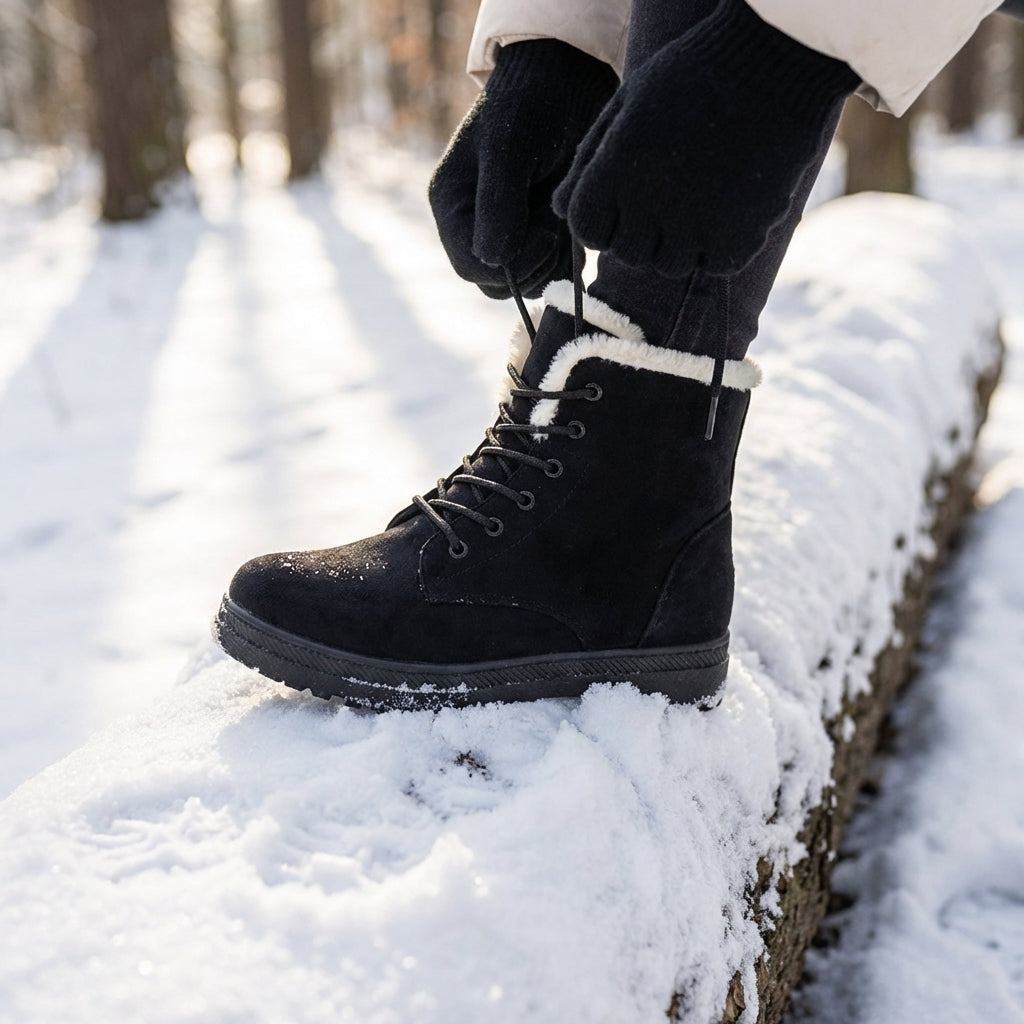 Women's Winter Ankle Boots, Faux Fur Lined Lace-Up Suede