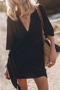 Women's Linen Wrap Mini Dress Asymmetrical Hem Summer 2
