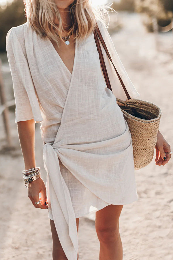 Women's Linen Wrap Mini Dress Asymmetrical Hem Summer