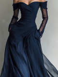 Women's Dark Blue Chiffon Organza Maxi Dress Off-Shoulder Long Sleeve Fitted 4