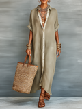 Linen Blend Short Sleeve Shirt Maxi Dress for Women 1