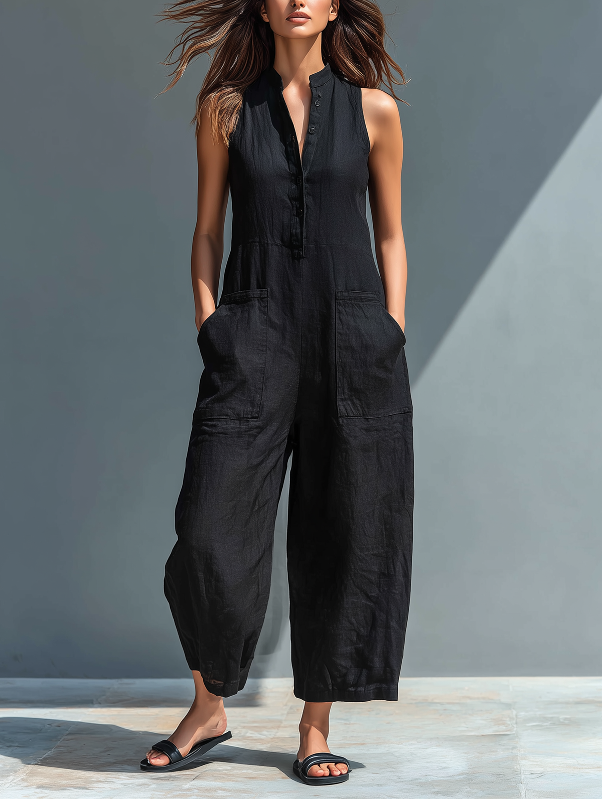 Linen Blend Sleeveless Jumpsuit with Button-Up Stand Collar