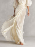 Women's Ivory Sheer Chiffon Dress Puff Sleeves Wrap Detail 4