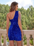 Women's One Shoulder Sequin Mini Dress, Party Dress with Chain 10