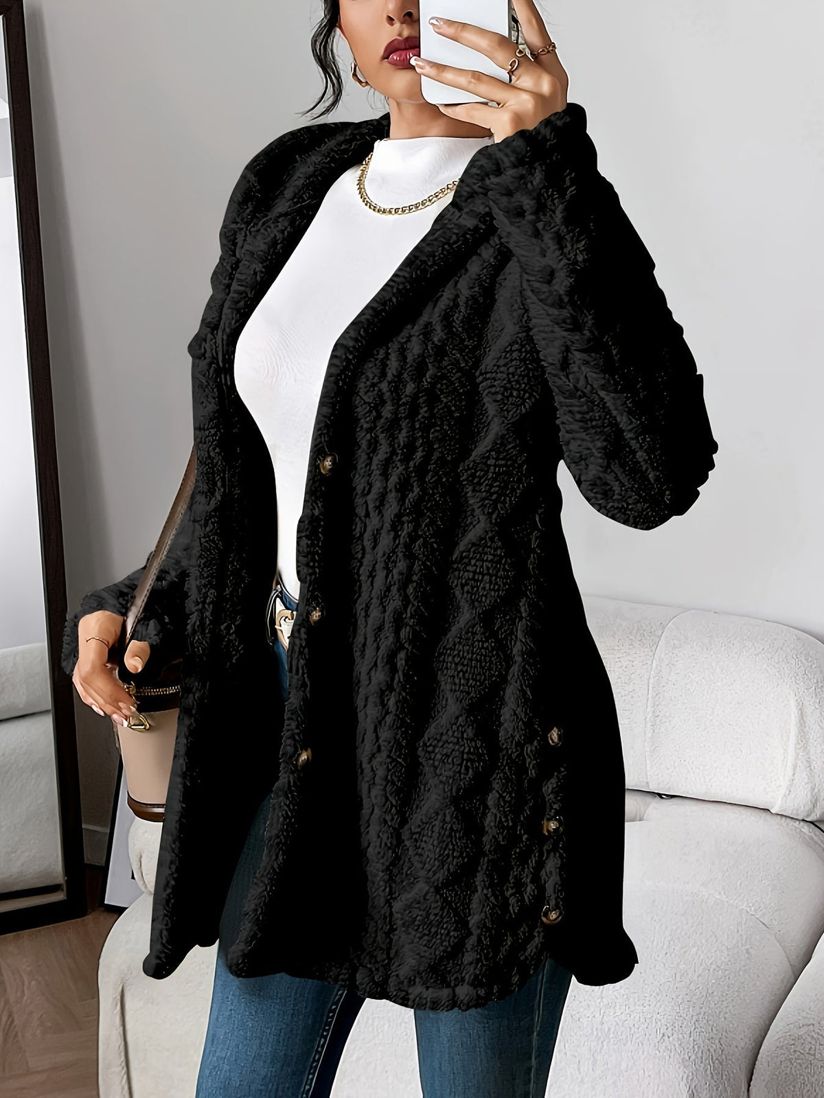 Women's Hooded Cardigan, Cable Knit Button Front
