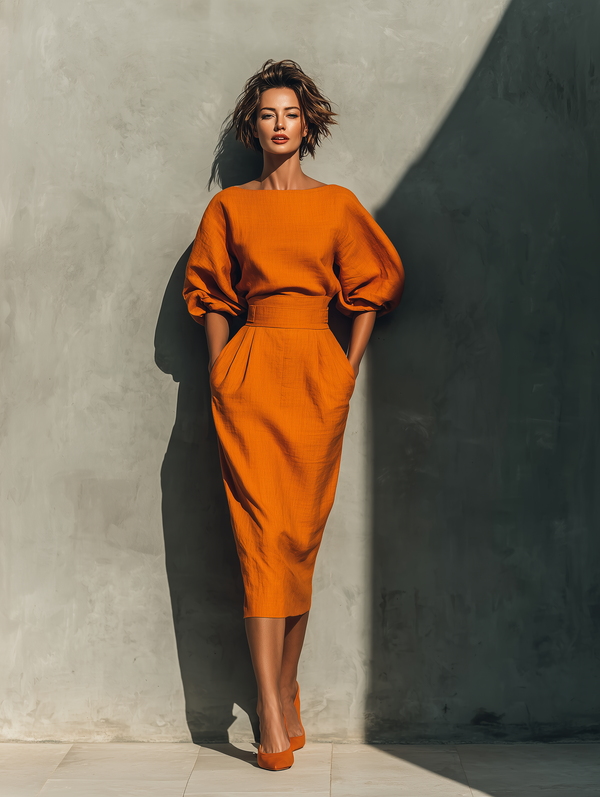 Orange Mid-Sleeve Top and Midi Skirt Co-ord Set