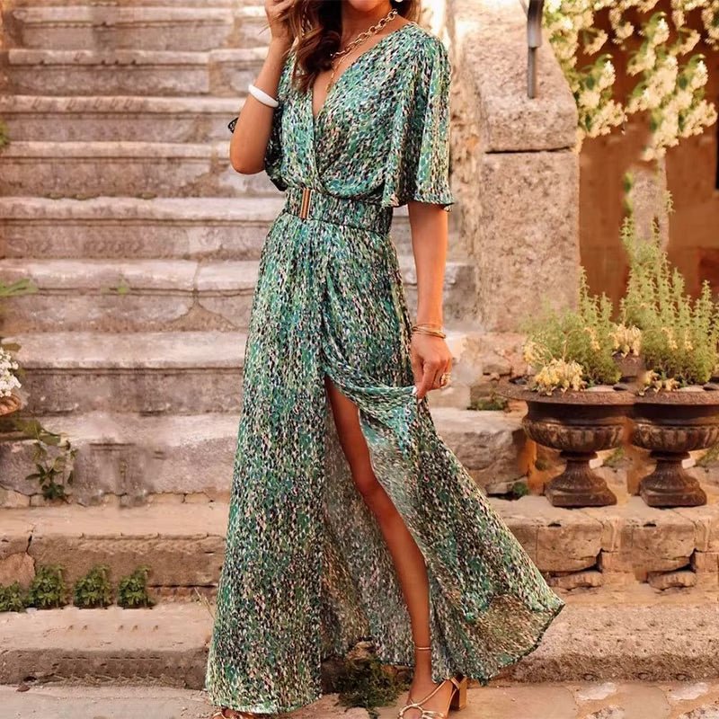 Boho Maxi Dress Wrap Style Deep V-Neck Summer