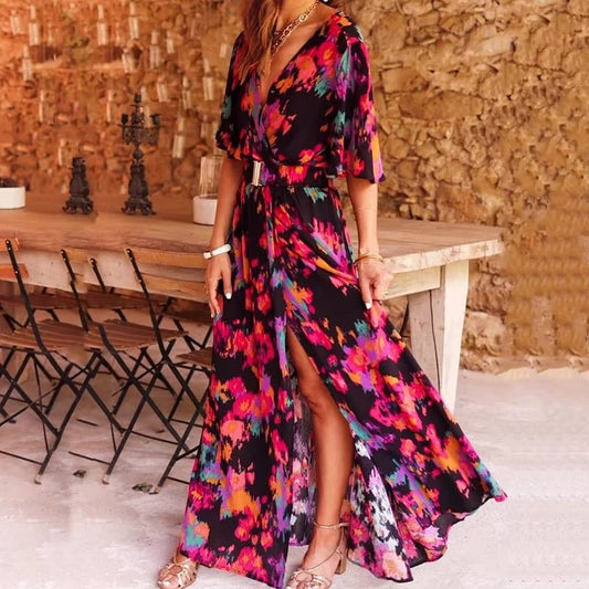 Boho Maxi Dress Wrap Style Deep V-Neck Summer