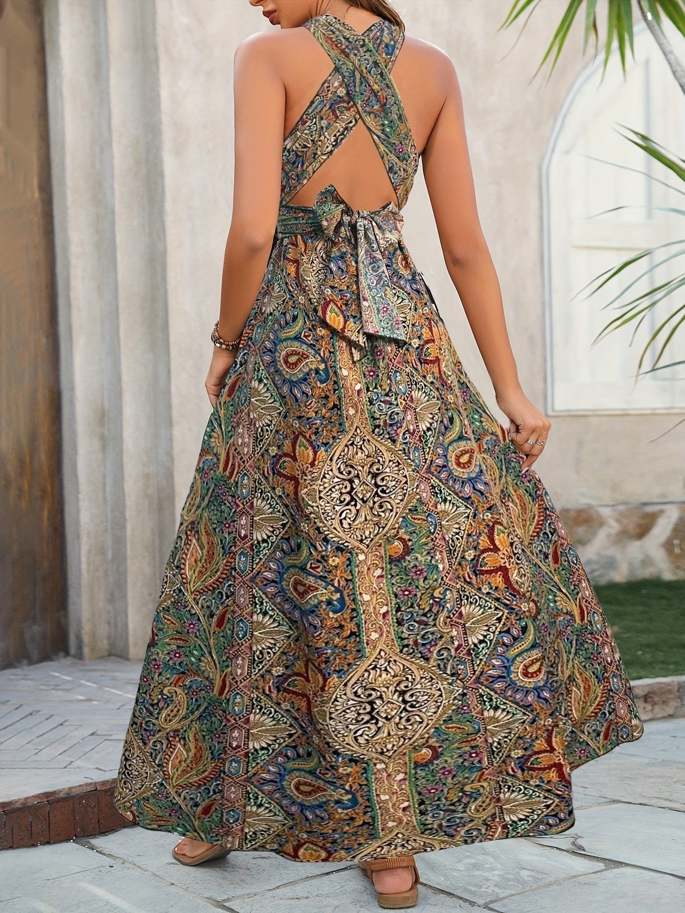 Boho Maxi Dress Halter Neck Side Split Cross Front