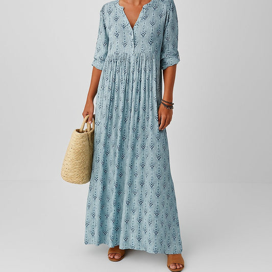 Boho Maxi Dress Printed V-Neck Long Sleeve