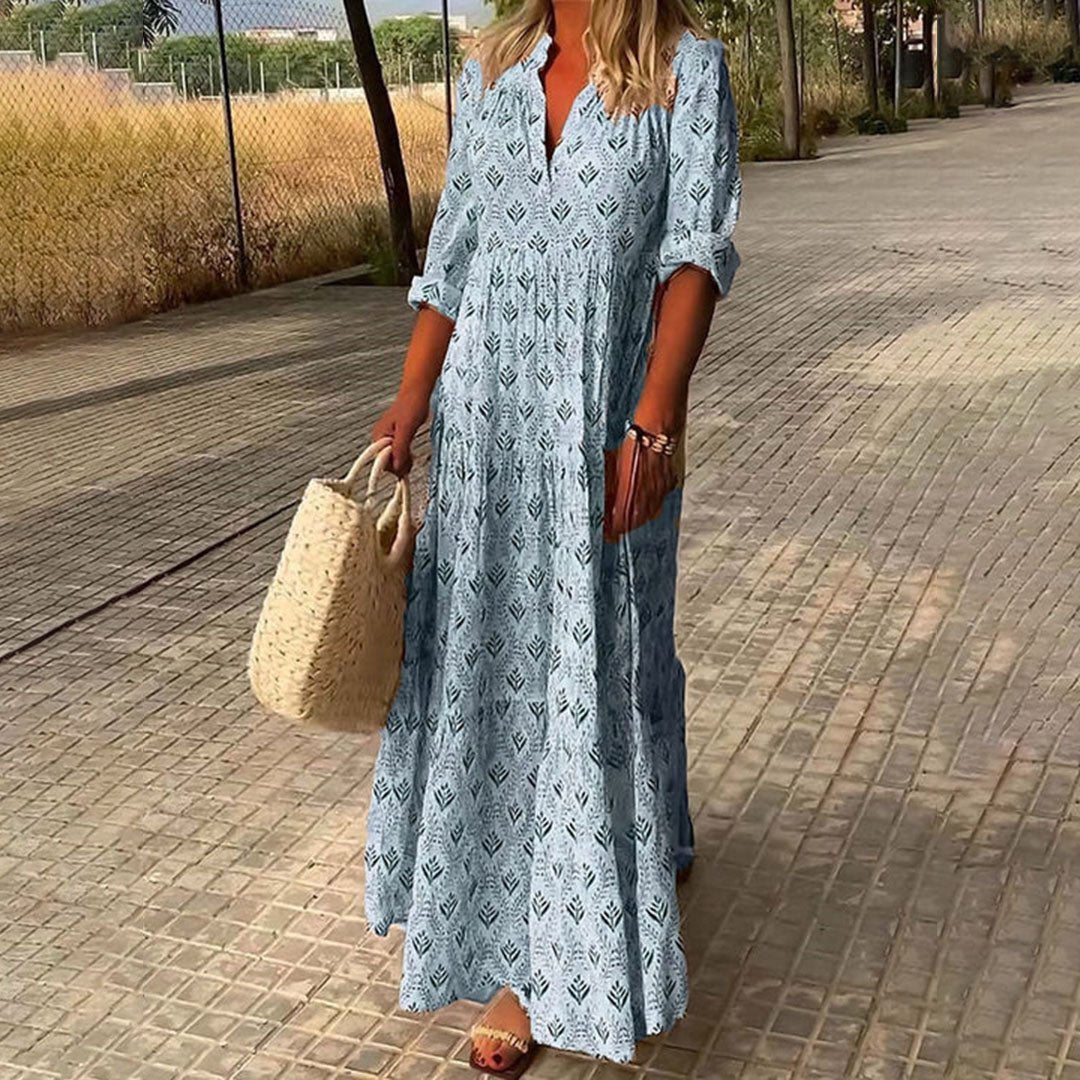 Boho Maxi Dress Printed V-Neck Long Sleeve