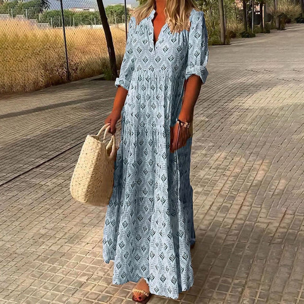 Boho Maxi Dress Printed V-Neck Long Sleeve
